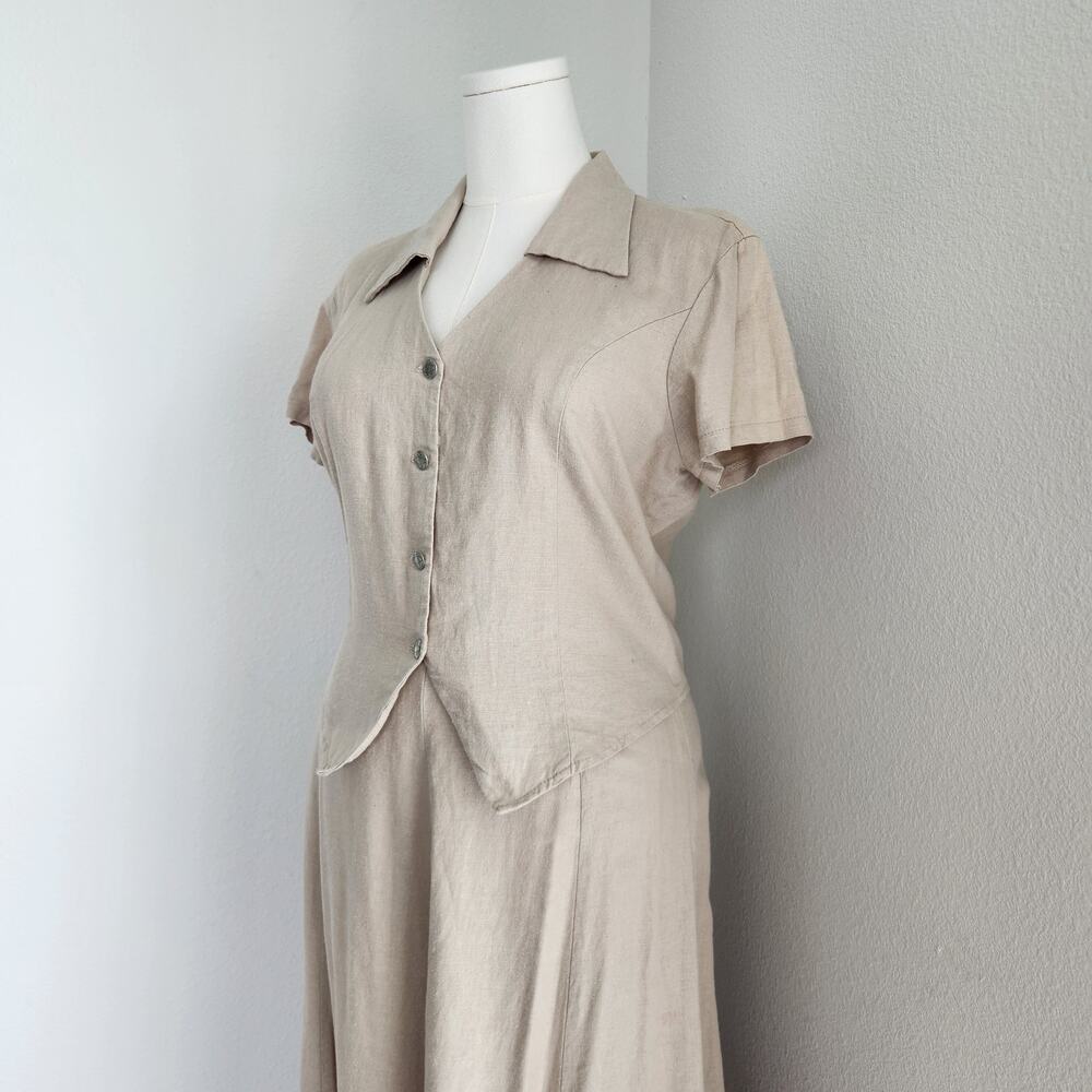 Vintage 90s Linen Blend Two Piece Skirt Set Collared Button Down Top Prairie L - Picture 2 of 14